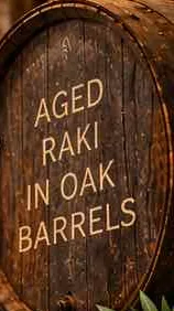 Oak barrel with the words aged raki in oak barrels