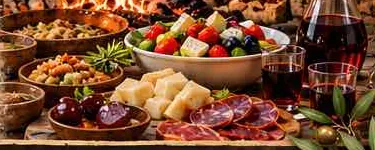 Cretan table with village salad, cheeses, cured meats and red wine
