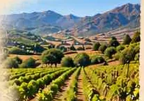 Rows of vines in a valley with mountains behind